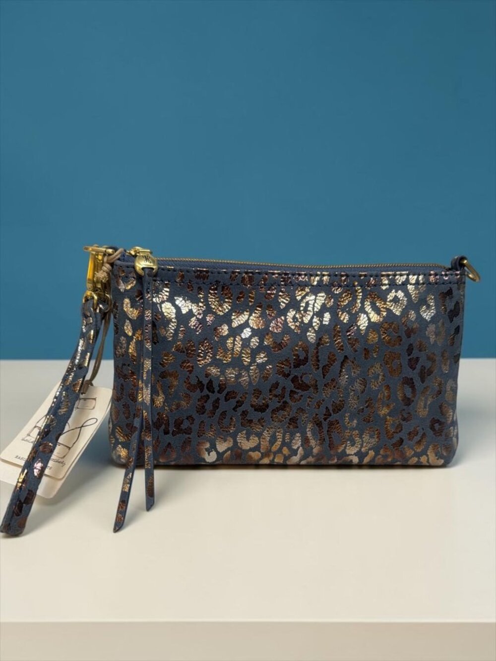 HOBO Darcy Crossbody Blue Mirror Cheetah Print Leather 3-way Bag Party Clutch NW - Picture 2 of 12